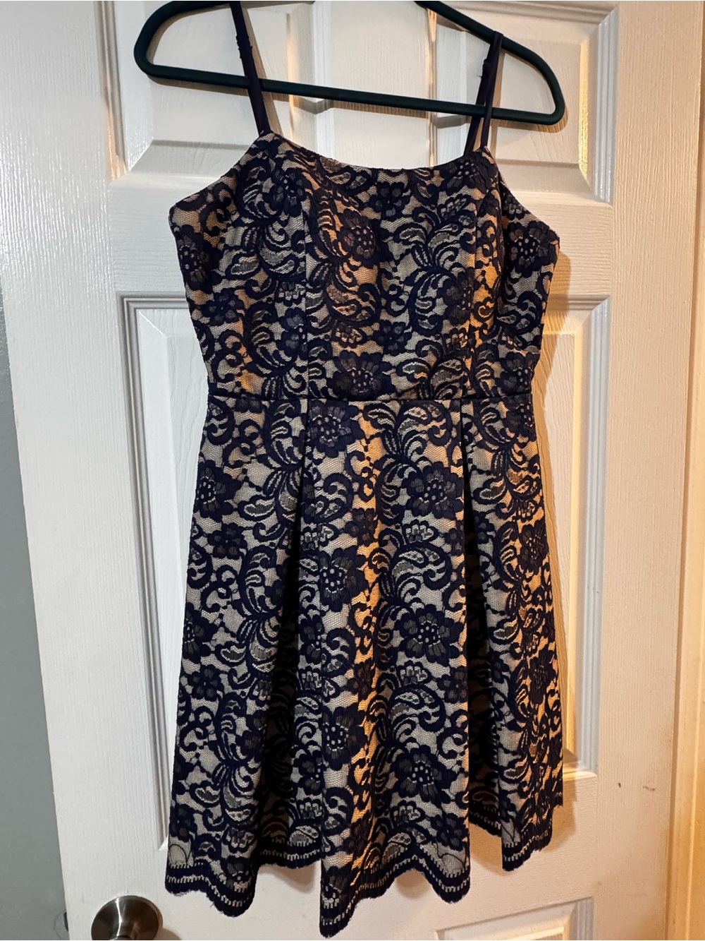 Navy Lace-Overlay Mini Dress with Beige Lining